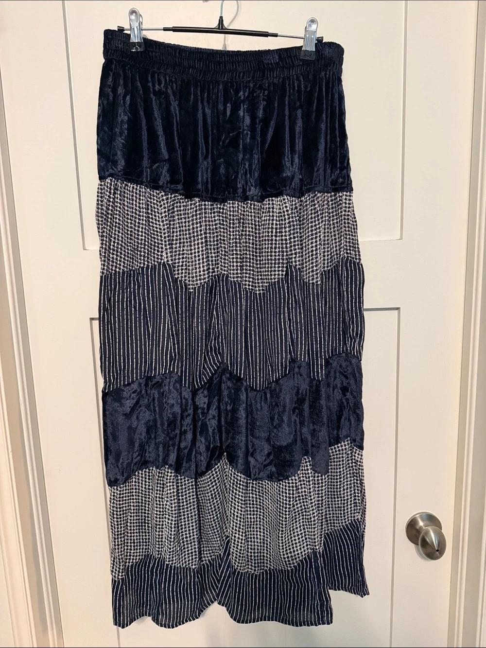 Agapo NWT 90s Deadstock Navy Tiered Cottagecore Maxi Skirt with Mixed Textures